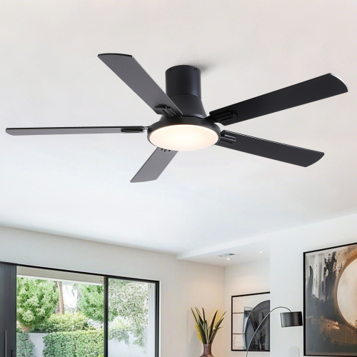 52 inch Mordern Minimalism Black Flush Mount Ceiling Fan with Light and Double-Sized Blades - Metal,Plywood - American Design,American Traditional,Contemporary,Minimalist,Modern - 52-Inch
