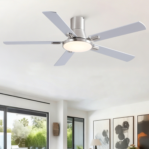 52 inch Mordern Brushed Nickel Flush Mount Ceiling Fan with Light and Remote Control - Metal,Plywood - Not Specified - 52-Inch