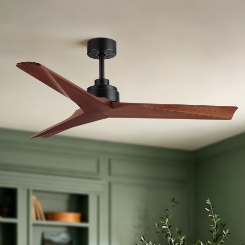 52" Farmhouse Solid Wood Ceiling Fan without Light, Matte Black DC Motor, No Light, Quiet Reversible Ceiling Fan for Living Room Bedroom - Metal,Solid Wood - American Design,Farmhouse,Mid-Century Modern,Retro,Rustic