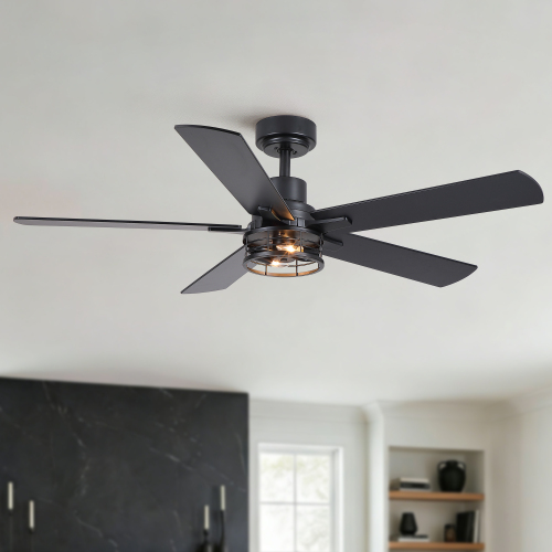 52" Modern Farmhouse Industrial Ceiling Fan with Light, Dual‑Sided Matte Black & Wood Grain Blades, Reversible DC Motor, 6‑Speed Timer Remote, Metal Cage, E12 Compatible, Bulbs Not Included - Metal,Plywood - American Design,Farmhouse,Mid-Century Modern,Modern,Retro