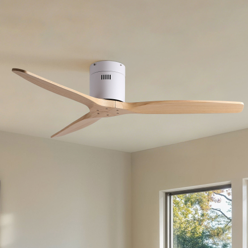 52 inch American Mordern Cozy Vibrant Natural Style Solid Wood Low Profile Flush Ceiling Fan without Light - Matte White,White - Metal,Solid Wood,Wood+Metal - Style B: Matte White - Natrual Wood Blade - 52-Inch - Not Specified