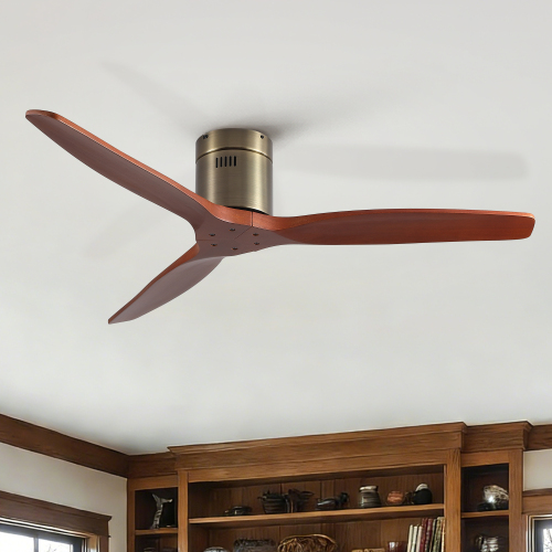 52 inch American Farmhouse Rustic Elegance Classical Solid Wood Low Profile Flush Mount Ceiling Fan without Light - Bronze - Solid Wood,Wood+Metal - Walnut Wood Blade (Medium Reddish Brown) - NO Light - 52-Inch - Not Specified
