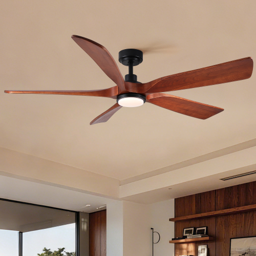 60" Vintage Mahogany Solid Wood Ceiling Fan with Light and Remote Control, Noiseless, Dimmable, 3CCT, 6 Speeds Reversible, Quiet DC Ceiling Fans for Indoor or Covered Outdoor Use, ETL Listed - Matte Black - Metal,Solid Wood,Wood - American Design,American Traditional,Farmhouse,Rustic,Vintage