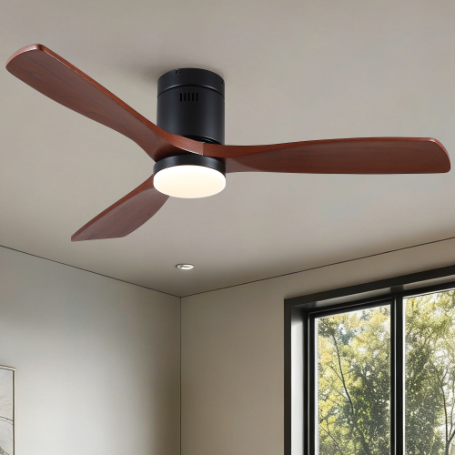 52 inch Mordern Matte Black Farmhouse Retro Solid Wood Low Profile Flush Mount Intergrated LED Ceiling Fan with Light - Metal,Metal & Wood,Solid Wood - Walnut Wood Blade - 52-Inch - Not Specified