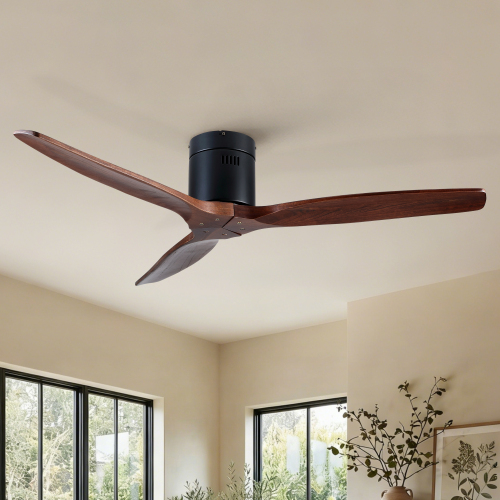 52 inch Indoor Farmhouse Rustic Ceiling Fan Matte Black with 3 Solid Wood Blade Remote Control Reversible DC Motor - Matte Black,Walnut - Metal,Solid Wood,Wood+Metal - Walnut Wood Blade - NO Light - 52-Inch - American Design,Farmhouse,Rustic