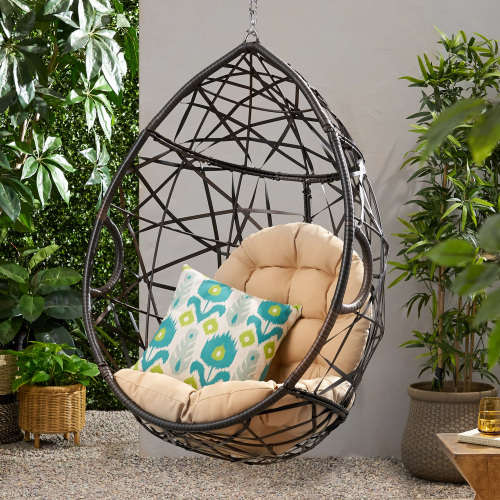 MARLIN HANGING EGG CHAIR-BASKET - Brown - PE Rattan+Iron+Waterproof Fabric