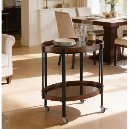 Oval 2 Shelf Dark Walnut Bar Cart with Black Metal Frame and Brown Tempered Glass - Black,Dark Walnut - MDF+Iron,Tempered Glass - MDF