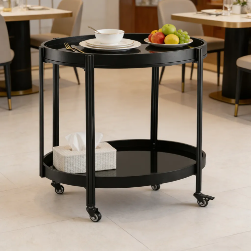 Oval Black Bar Cart with 2 Black Tempered Glass Shelves - MDF+Iron,Tempered Glass