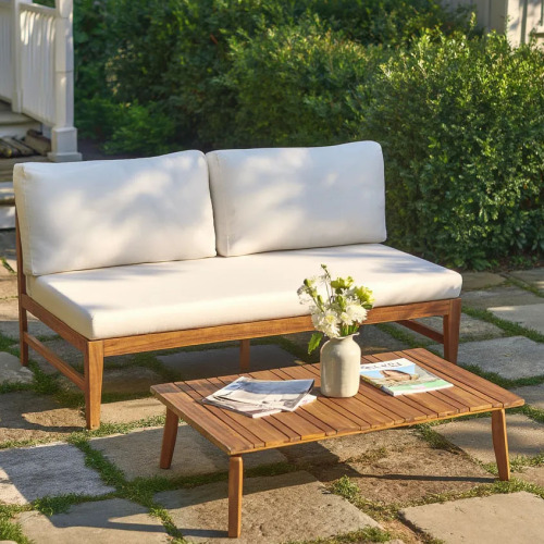 Patio Deep Seating Loveseat with Coffee Table - Cream,Teak - Acacia Wood,Fabric - Garden & Outdoor - Seats 2 - 2 Person Seating Group - Yes - Weather Resistant Frame - Water Resistant Cushion