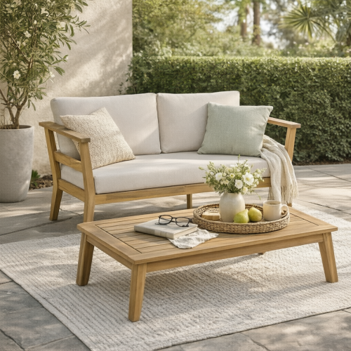 Acacia Outdoor Loveseat&Coffee Table for Patio - Patio 2-Seater Outdoor Sofa with Coffee Table for Balcony - Porch Couch with Cushions - Beige,Light Teak - Acacia Wood,Fabric - Garden & Outdoor - Yes - Weather Resistant Frame - Fade Resistant Cushion