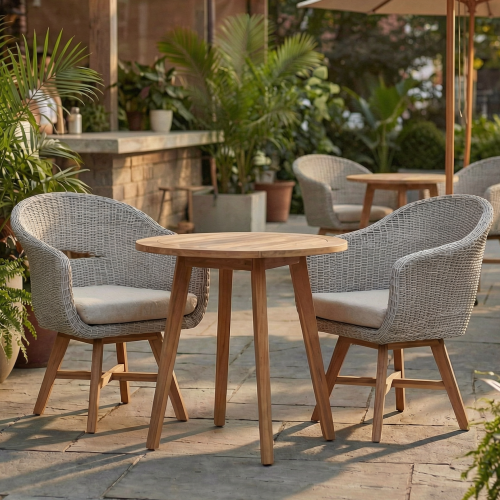 Outdoor Dining Arm Chair with Cushion, Set of 2 - Beige,Grey Ash,Natural - Acacia Wood,Aluminium,Rattan,Waterproof Fabric