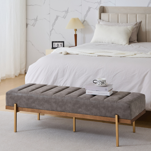 Upholstered Channel Tufted Ottoman Bench Seat with Gold Legs - Gold,Gray - Iron,MDF,PU