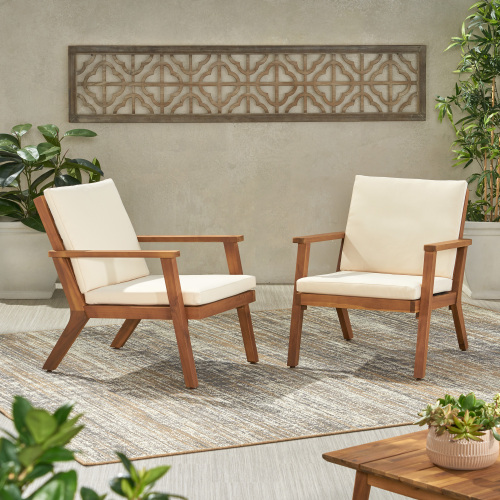 Outdoor Acacia Wood Club Chairs with Cushions (Set of 2) - Beige+Brown - Brown - Beige - Not Specified - Not Specified - Not Specified - Not Specified - Not Specified - Not Specified - Not Specified