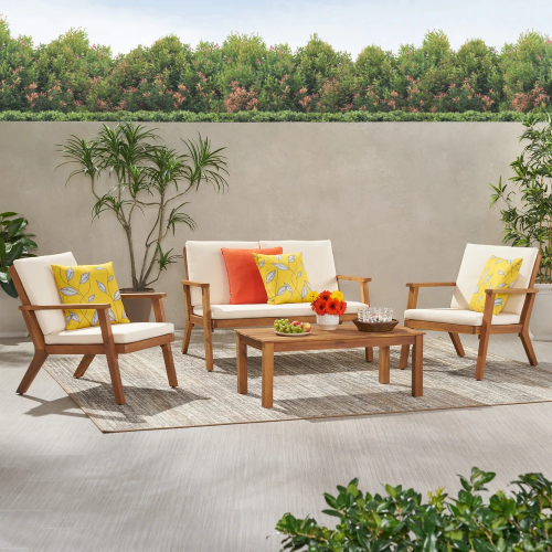 Temecula Outdoor Acacia Wood 4-Seater Chat Set_Loveseat&Coffee Table&2 Club Chairs - Brown Patina Finish + Cream Cushion - Natural+Cream - Natural - Garden & Outdoor - Seats 4 - Complete Patio Set - Yes - Weather Resistant Frame - Water Resistant Cushion - Not Specified