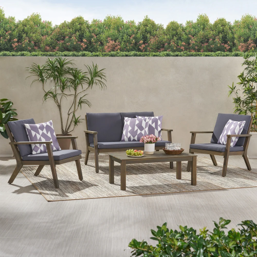 Temecula Outdoor Acacia Wood 4-Seater Chat Set_Loveseat&Coffee Table&2 Club Chairs - Gray Finish + Dark Gray Cushion - Garden & Outdoor - Seats 4 - Complete Patio Set - Yes - Weather Resistant Frame - Water Resistant Cushion - Complete Patio Sets