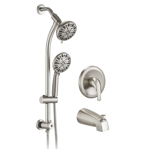 Drill-Free Stainless Steel Slide Bar Combo Rain Showerhead 7-Setting Hand, Dual Shower Head Spa System with Tup Spout (Rough-in Valve Included) - Brushed Nickel - ABS