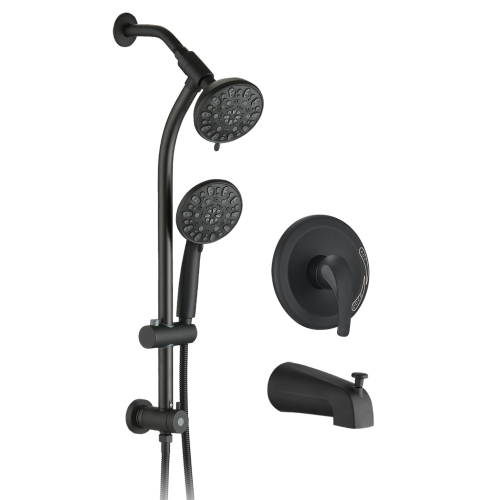 Drill-Free Stainless Steel Slide Bar Combo Rain Showerhead 7-Setting Hand, Dual Shower Head Spa System with Tup Spout (Rough-in Valve Included) - Matte Black - ABS