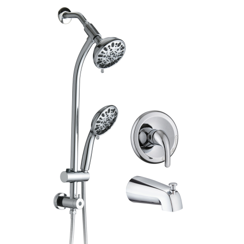Drill-Free Stainless Steel Slide Bar Combo Rain Showerhead 7-Setting Hand, Dual Shower Head Spa System with Tup Spout (Rough-in Valve Included) - Chrome - ABS