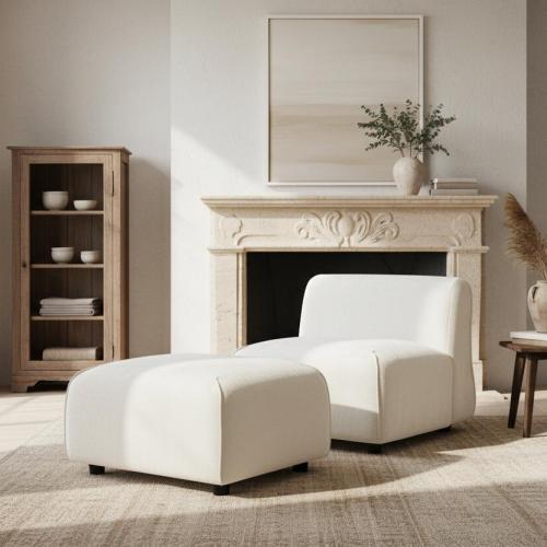 Modern Plush Accent Chair with Ottoman Set – Compact Upholstered Lounge Set for Living Room & Bedroom - Beige - Polyester,Solid Wood - Beige - Not Specified