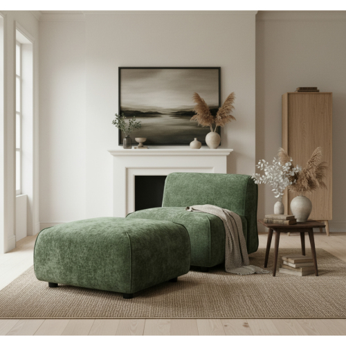 Modern Plush Accent Chair with Ottoman Set – Compact Upholstered Lounge Set for Living Room & Bedroom - Green - Polyester,Solid Wood - Polyester - Green