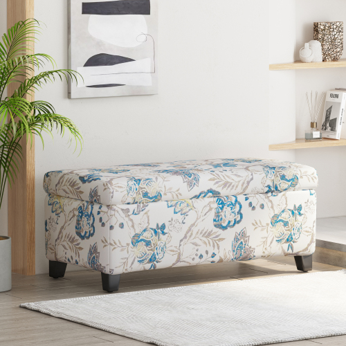 Luxury Storage Ottoman with Floral Patterned Fabric, Soft-Close Hinges, Multi-Functional Footrest & Seat for Living Room, Bedroom - Hidden Compartment for Blankets/Pillows - Blue Flower - Polyester