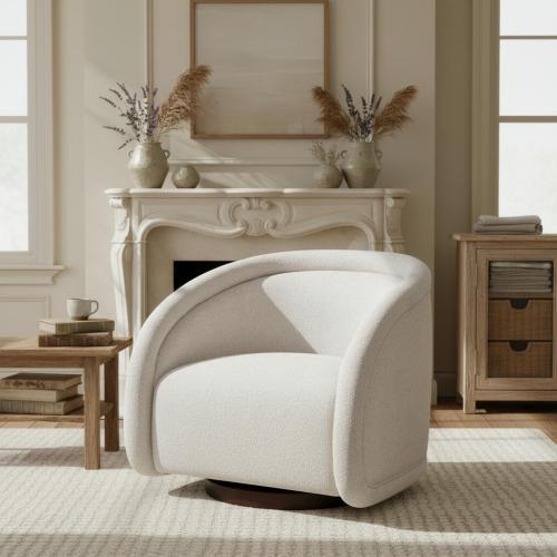 Sabbo Beige Bouclé Swivel Chair with Walnut-Finished Solid Wood Base - Beige,Walnut - Boucle,Solid Wood