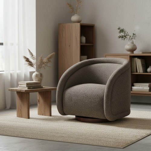 Sabbo Brown Bouclé Swivel Chair with Walnut-Finished Solid Wood Base - Brown,Walnut - Boucle - Boucle