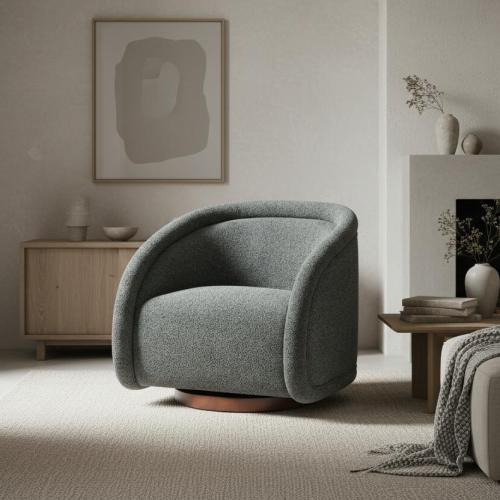 Sabbo Green Bouclé Swivel Chair with Walnut-Finished Solid Wood Base - Green,Walnut - Boucle,Solid Wood - Boucle