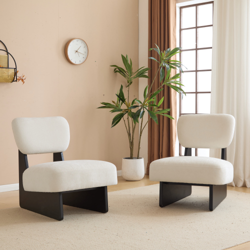 Modern Set of 2 Black Polyester Lounge Chairs with Solid Wood Bases