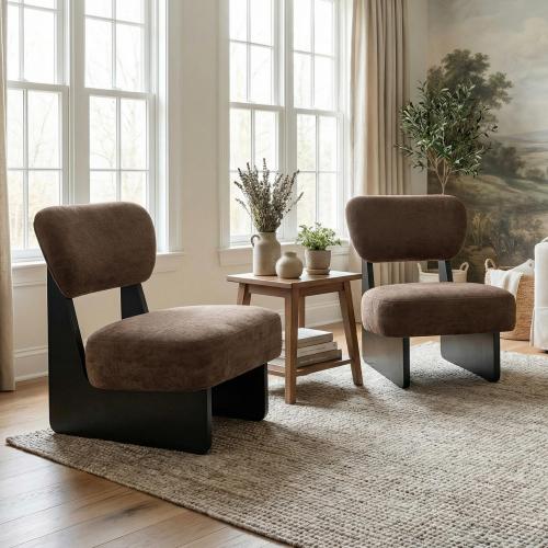 Set of 2 Dark Brown Polyester Lounge Chairs with Black Wood Bases