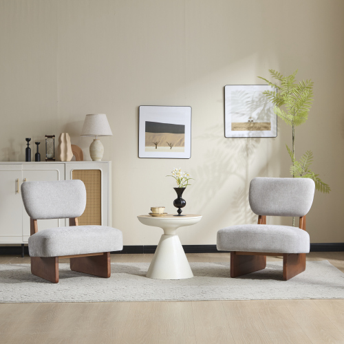 Set of 2 Grey Polyester Lounge Chairs with Walnut Solid Wood Bases