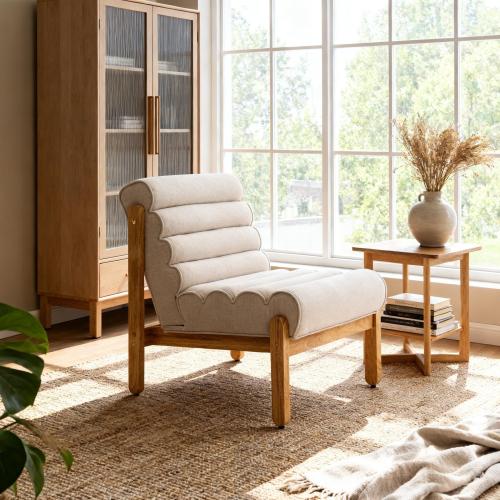 Fluffy Accent Chair Dark Beige with Natural Solid Wood Frame - Beige+Natural - Polyester,Solid Wood