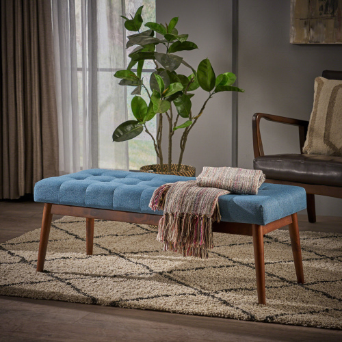 Mid-Century Ottoman for for Entryway Dining Room Living Room Bedroom End of Bed, Upholstered Fabric Design with Button-Tufted Detail - Blue - Blue
