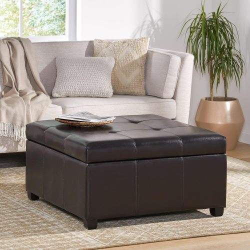 35inch Storage Ottoman,Large Square Ottoman Bench with Storage,Tufted Ottomans Footstool for Living Room - Espresso - Leather - 35-Inch