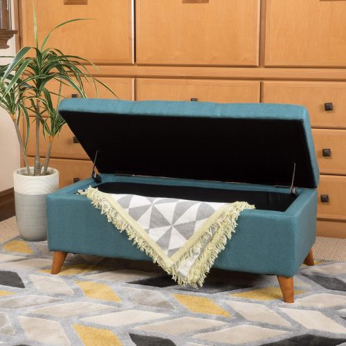Home Decor, Tufted Ainsley Button Storage Ottoman Bench with Hinged Lid, Ottoman Bench with Storage for Living Room & Bedroom, Solid wood leg - Teal - Fabric - Teal