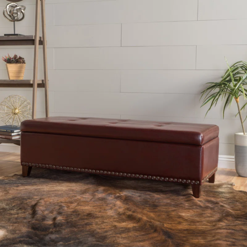 Ottoman with Storage, 51 Inch Large Ottomans Storage Bench, Upholstered End of Bed Bench with Hinged Lid, Long Foot Rest Stool for Living Room Bedroom - Chestnut - Leather - Chestnut - 51-Inch