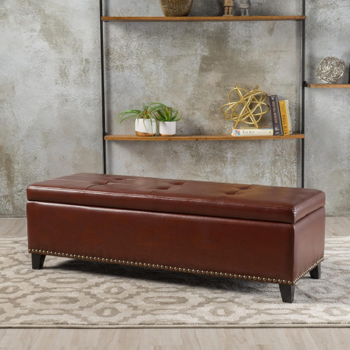 Ottoman with Storage, 51 Inch Large Ottomans Storage Bench, Upholstered End of Bed Bench with Hinged Lid, Long Foot Rest Stool for Living Room Bedroom - Chestnut - Leather - 51-Inch