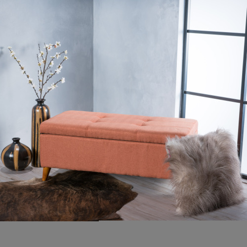 Home Decor, Tufted Ainsley Button Storage Ottoman Bench with Hinged Lid , Ottoman Bench with Storage for Living Room & Bedroom,solid wood leg - Orange - Fabric - Orange