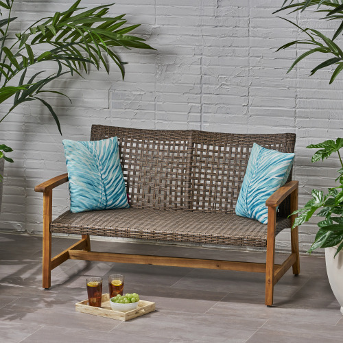 HAMPTON Outdoor Acacia Wood Wicker Loveseat, Patio Furniture Conversation Set for Backyard - Natural - Metal & Wood - Metal & Wood - Not Specified