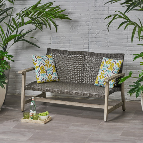 HAMPTON Outdoor Acacia Wood Wicker Loveseat, Patio Furniture Conversation Set for Backyard - Grey - Metal & Wood - Metal & Wood - Not Specified
