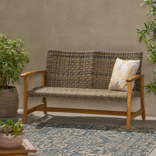 HAMPTON WOOD + WICKER LOVESEAT - Natural+Grey - Acacia Wood - Grey - Acacia Wood