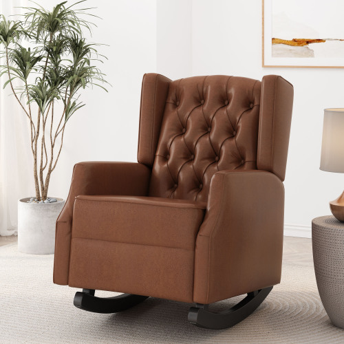 Rocking Chair Nursery, Rocker Chair with Wingback,Solid Wood Frame Armchair with Arm for Nursery, Living Room, Bedroom - Light Brown - PU - Light Brown - PU