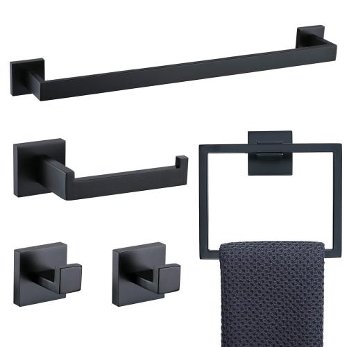 5 Pieces Bathroom Hardware Accessories Set Towel Bar Set Wall Mounted,Stainless Steel - Matte Black - Matte Black