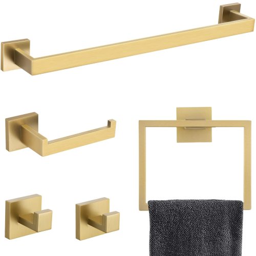 5 Pieces Bathroom Hardware Accessories Set Towel Bar Set Wall Mounted,Stainless Steel - Brushed Gold - Brushed Gold