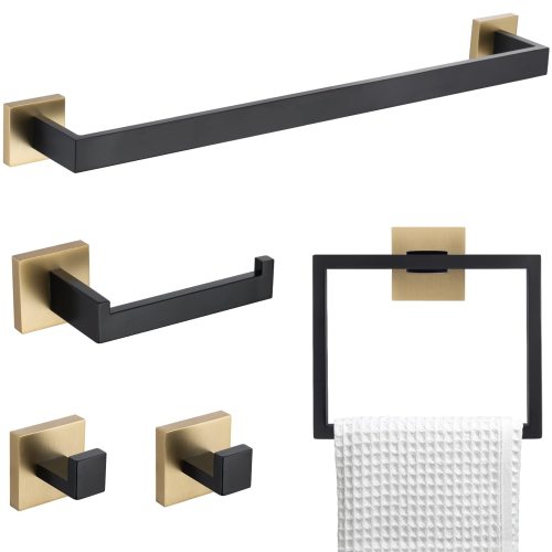 5 Pieces Bathroom Hardware Accessories Set Towel Bar Set Wall Mounted,Stainless Steel - Black+Gold - Gold