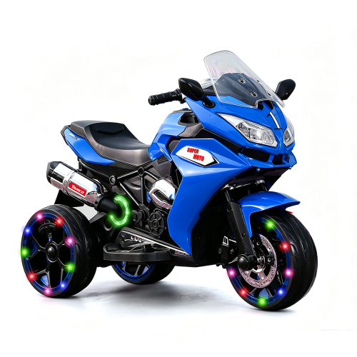 12V Electric Motorcycle for Kids 3-6 Years Large 41" Ride-On Trike with LED Glowing Wheels, Full-Body Cool Lights, MP3 & Wireless Phone Music, 3.2 MPH, 66LB Capacity - Blue - Plastic