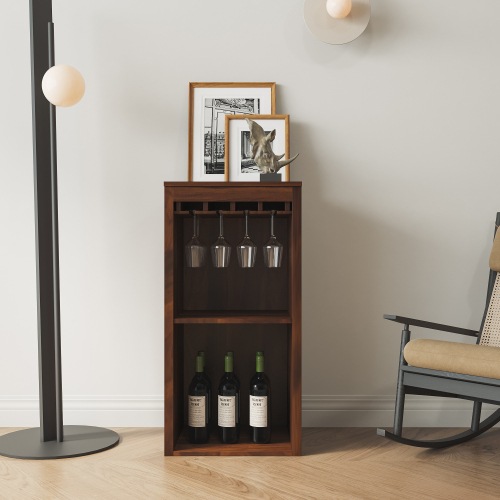 Brown walnut color modular wine bar Cabinet with Storage Shelves with Hutch for Dining Room - Walnut Brown - Particle Board+MDF