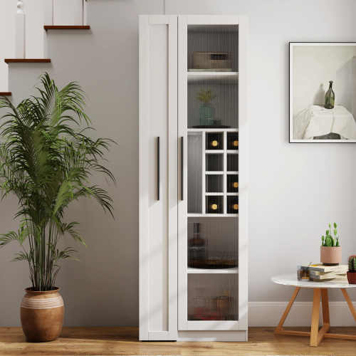 Kitchen pantry cabinet with multi-functional pull-out multi-tier storage shelf,Farmhouse Storage Cabinet with glass Doors,Pantry Organizers for Kitchen, bar cabinet,Dining Room - White - Particle Board+MDF