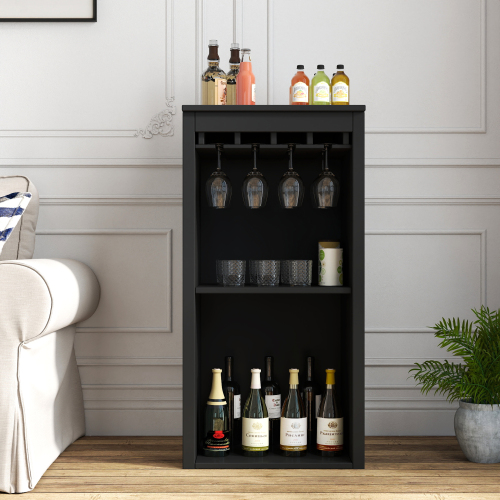 Black color modular wine bar Cabinet with Storage Shelves with Hutch for Dining Room - Particle Board+MDF