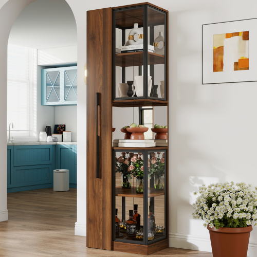 70" Display Cabinet with Glass Doors and Lights, with multi-functional pull-out multi-tier storage shelf , Wooden Display Storage Cabinets(old sku:W331S00196) - Walnut - Particle Board+MDF